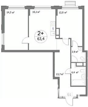 2-к квартира, строящийся дом, 63м2, 8/22 этаж