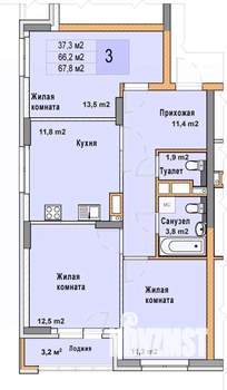 3-к квартира, вторичка, 68м2, 7/25 этаж