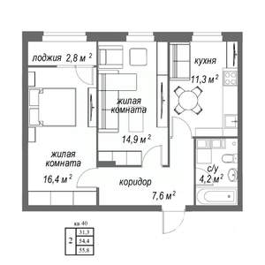 2-к квартира, вторичка, 56м2, 6/9 этаж