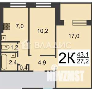 2-к квартира, вторичка, 43м2, 9/9 этаж