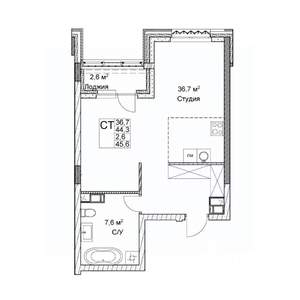 Студия квартира, строящийся дом, 44м2, 6/9 этаж