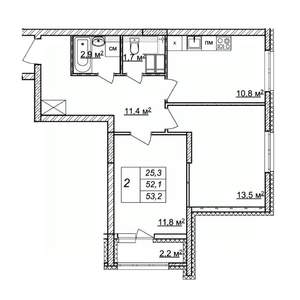 2-к квартира, строящийся дом, 53м2, 18/25 этаж