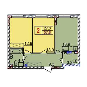 2-к квартира, строящийся дом, 57м2, 10/18 этаж