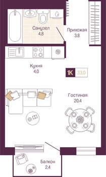 Студия квартира, вторичка, 34м2, 3/19 этаж