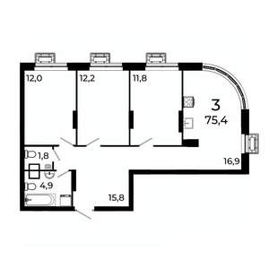 3-к квартира, вторичка, 75м2, 16/19 этаж