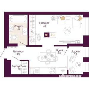 Студия квартира, вторичка, 34м2, 2/12 этаж