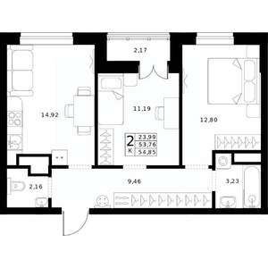 2-к квартира, строящийся дом, 55м2, 20/24 этаж
