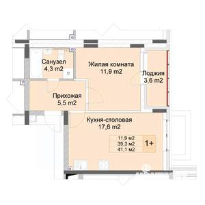 1-к квартира, строящийся дом, 41м2, 1/10 этаж