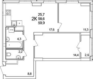 2-к квартира, вторичка, 60м2, 7/25 этаж
