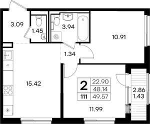 2-к квартира, вторичка, 50м2, 1/9 этаж