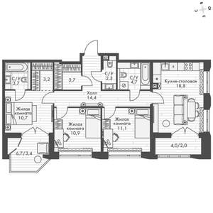 3-к квартира, вторичка, 86м2, 13/16 этаж