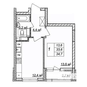 1-к квартира, строящийся дом, 35м2, 23/25 этаж