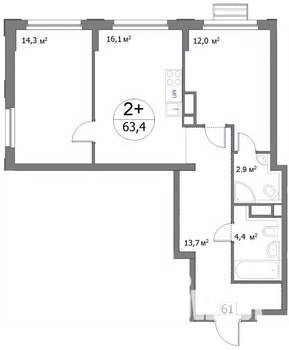 2-к квартира, строящийся дом, 63м2, 14/22 этаж