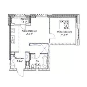 Студия квартира, вторичка, 52м2, 6/9 этаж