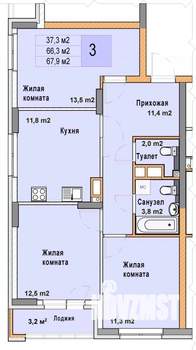 3-к квартира, вторичка, 68м2, 6/25 этаж