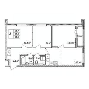 3-к квартира, строящийся дом, 67м2, 15/25 этаж