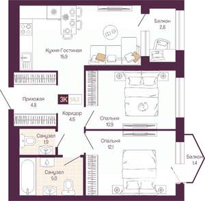 2-к квартира, вторичка, 57м2, 4/14 этаж