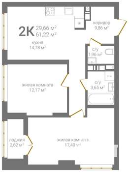 2-к квартира, вторичка, 61м2, 3/25 этаж