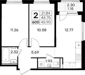 2-к квартира, вторичка, 46м2, 1/9 этаж