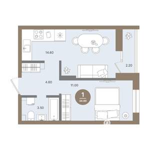 1-к квартира, строящийся дом, 35м2, 2/18 этаж