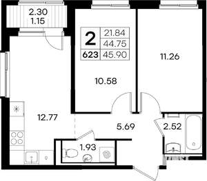 2-к квартира, вторичка, 46м2, 2/9 этаж