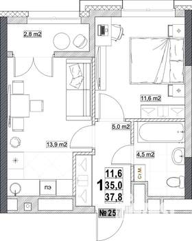 1-к квартира, вторичка, 38м2, 15/24 этаж