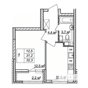 1-к квартира, строящийся дом, 32м2, 3/25 этаж