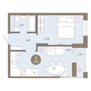 1-к квартира, строящийся дом, 34м2, 15/18 этаж