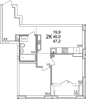 2-к квартира, вторичка, 47м2, 15/25 этаж