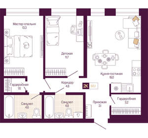 2-к квартира, вторичка, 66м2, 9/25 этаж