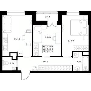 2-к квартира, строящийся дом, 55м2, 11/24 этаж
