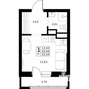 Студия квартира, строящийся дом, 22м2, 12/24 этаж