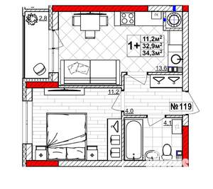 1-к квартира, вторичка, 34м2, 2/4 этаж