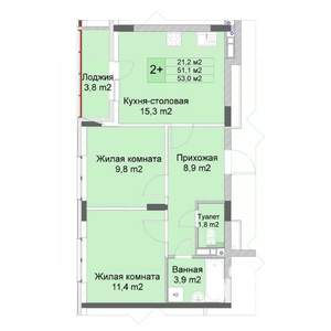 2-к квартира, строящийся дом, 53м2, 8/10 этаж