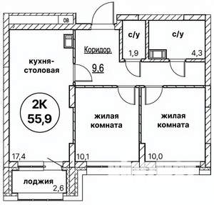 2-к квартира, вторичка, 56м2, 8/13 этаж