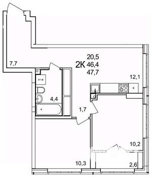 2-к квартира, строящийся дом, 48м2, 25/25 этаж
