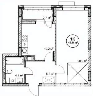 1-к квартира, строящийся дом, 44м2, 11/14 этаж