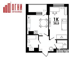 1-к квартира, строящийся дом, 38м2, 13/25 этаж