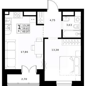 1-к квартира, строящийся дом, 41м2, 20/24 этаж