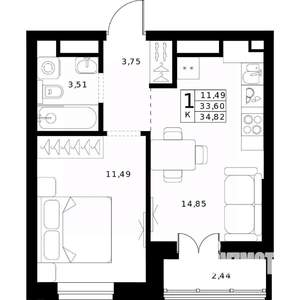 1-к квартира, вторичка, 35м2, 20/24 этаж