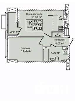 1-к квартира, строящийся дом, 37м2, 9/16 этаж