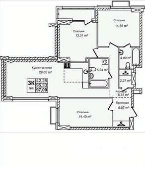 3-к квартира, строящийся дом, 97м2, 2/16 этаж