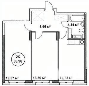 2-к квартира, строящийся дом, 64м2, 14/22 этаж