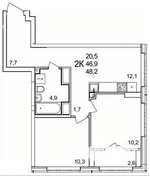 2-к квартира, строящийся дом, 48м2, 13/25 этаж