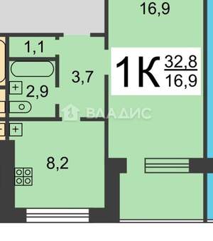 1-к квартира, вторичка, 33м2, 6/9 этаж