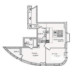 2-к квартира, вторичка, 64м2, 4/16 этаж