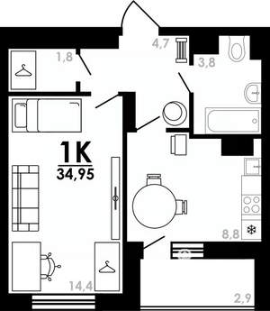 1-к квартира, вторичка, 35м2, 10/25 этаж