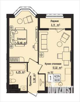 1-к квартира, вторичка, 42м2, 4/15 этаж