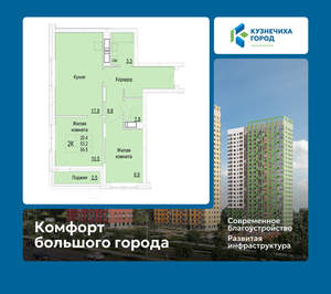 2-к квартира, вторичка, 55м2, 16/25 этаж