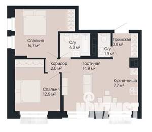 2-к квартира, строящийся дом, 62м2, 1/9 этаж